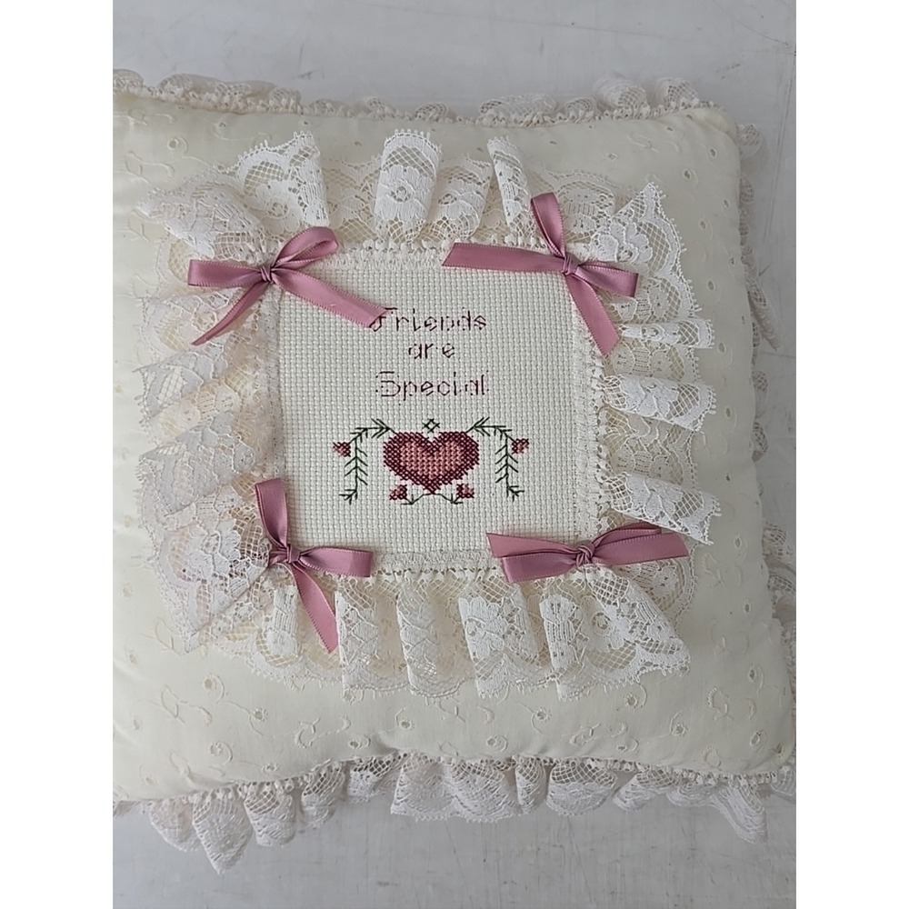 Vintage Friends Are Special Cross Stitch Lace Eyelet Pillow Pink Heart Bows 12in